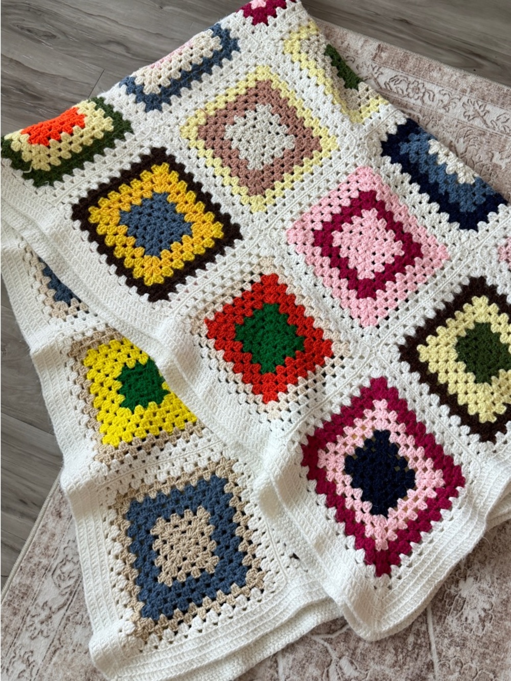 Granny Square Crochet Blanket Vintage Grandma Style Cozy Multicolor Throw 56x74